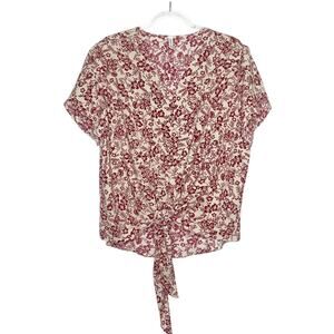 ADDTOO Floral Tie Knot Blouse Button Front V-Neck Short Sleeve Cream Red Sz 2XL